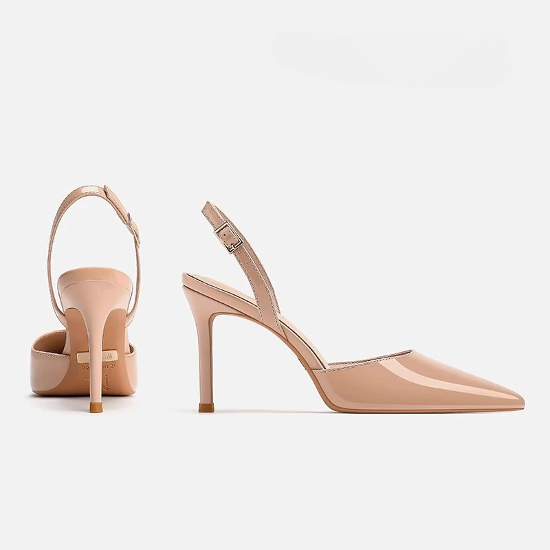 

Новые черные профессиональные босоножки на тонком каблуке Baotou, женская обувь с острым носком, женская обувь телесного цвета на красной подошве