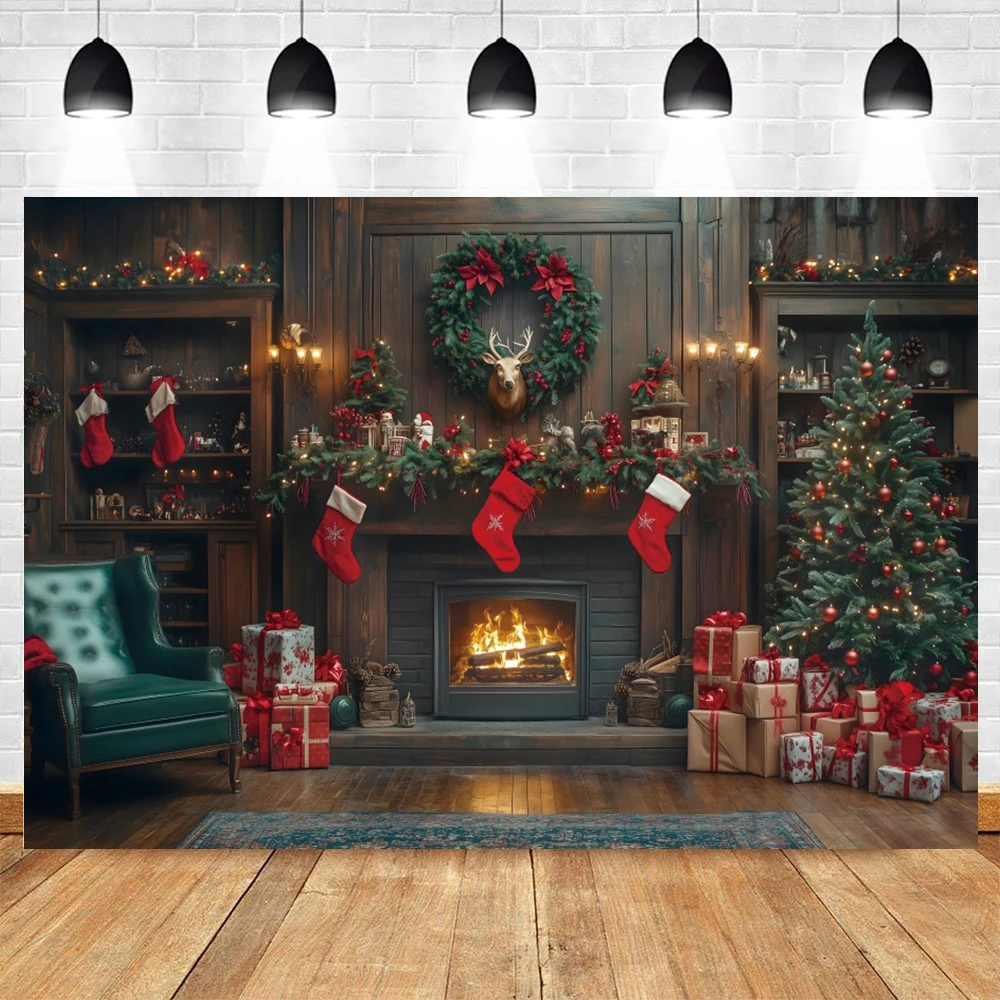 Christmas Fireplace Photography Backdrop Xmas Tree Gifts Toy Bear Socks Wreath Kids Portrait Family Party Decor Photo Background