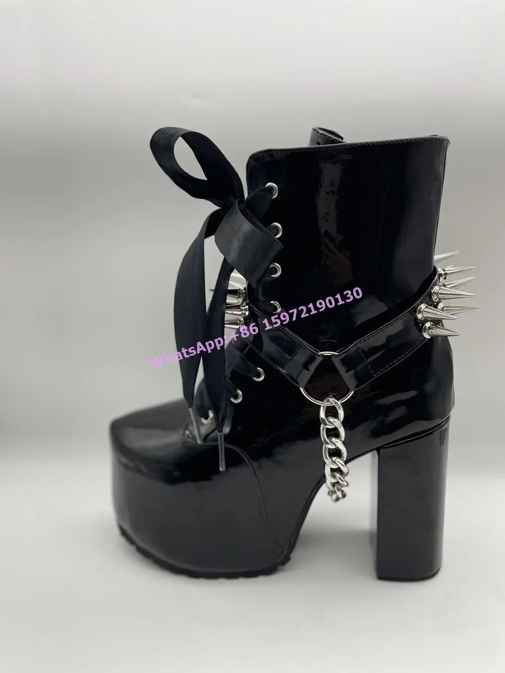 Ribbon Tied Rivet Black Boots Dark Punk Metal Chain Rock Luxury Patent Leather Platform Shoes Round Toe Chunky Heels Ankle Boots