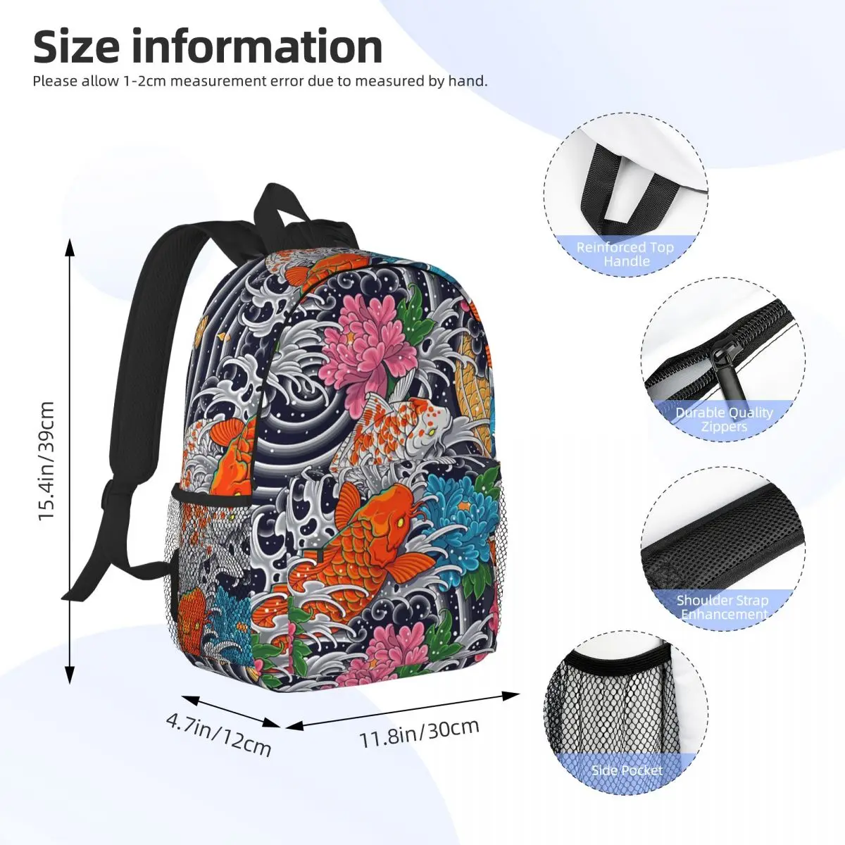 Koi Fish And Floral Pattern Backpacks Boys Girls Bookbag Cartoon Students School Bag Laptop Rucksack Shoulder Bag Large Capacity