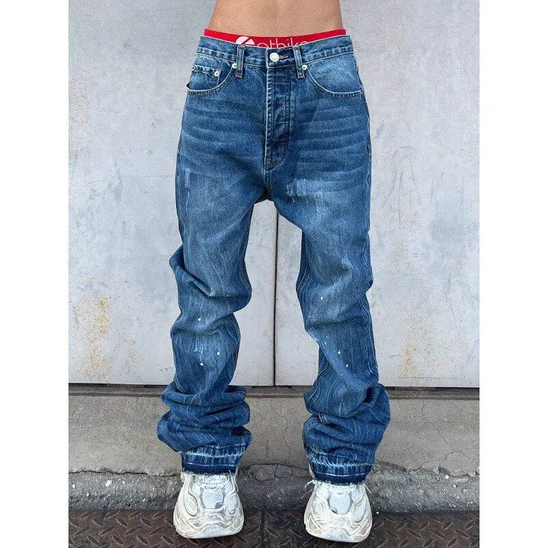 

Retro American Washed Blue Straight Leg Men's Jeans Loose Wide Leg Floor-Length Casual Trousers Comfortable Straight Fit
