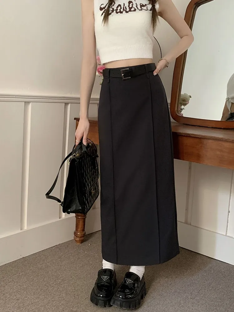 S-XL3Colors Women Long Skirt Spring Summer 2023 Korean Style High Waist Skinny Pencil Suit Long Skirts Female+belt(75098