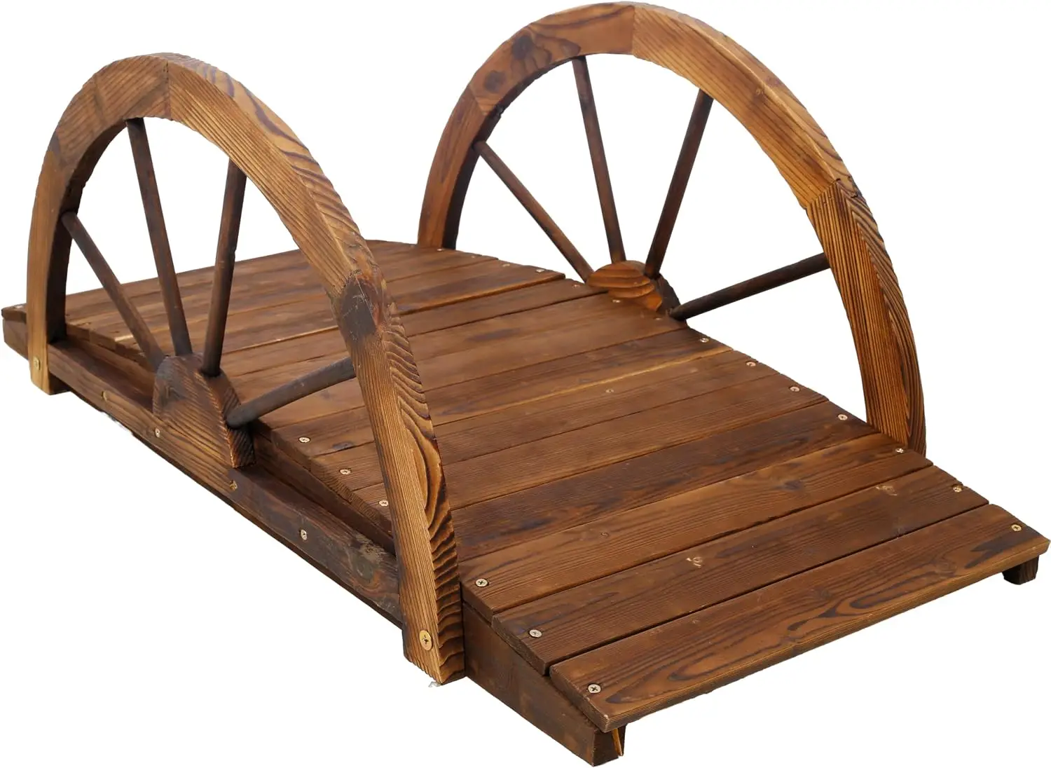 Classic Arched Fir Wood Garden Footbridge, Sturdy Weather-Resistant Landscape Bridge, Outdoor Yard Accent in Natural Wood Tone, 33
