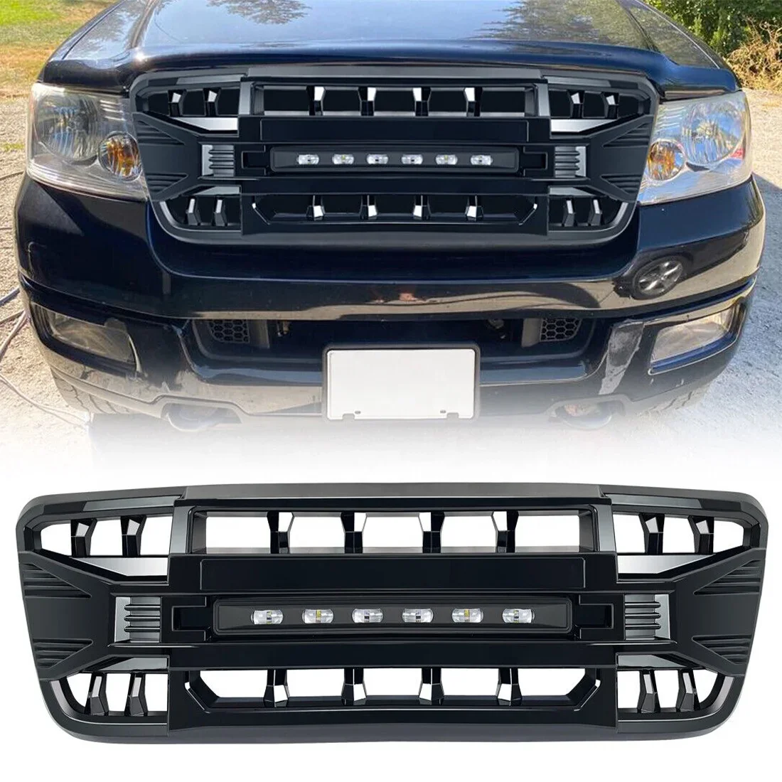 

Car Grill Front Bumper Grille With Off-Road Lights For 2004-2008 Ford F150 Glossy Black Automotive Exterior Accessories