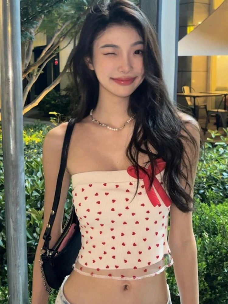 

Pure Desire Heart Print Me Small Strap Vest Women's Summer Inner Wear Strapl Slim Fit ort Sle Bustier Top Trendy