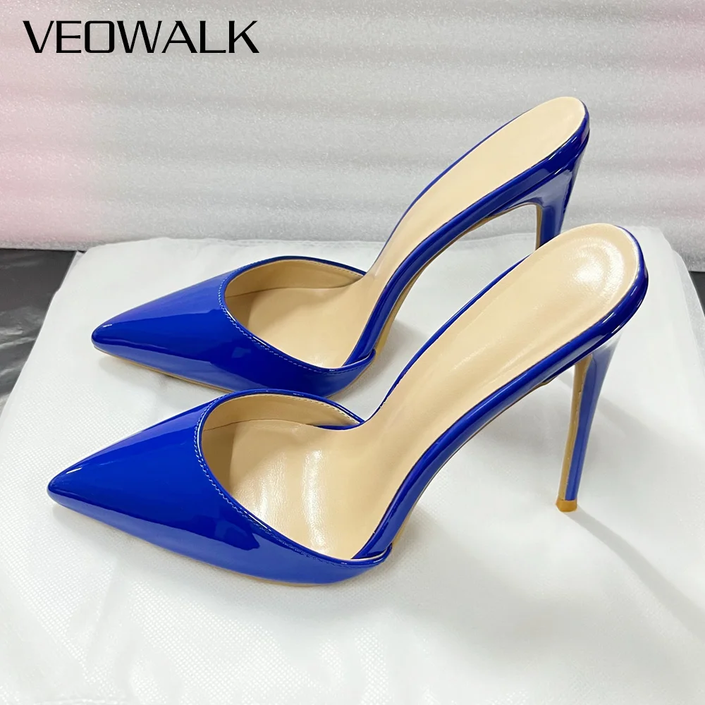 

Новые пикантные женские туфли для вечеринок, синие лакированные туфли с острым носком на шпильке 12 см, шлепанцы, сандалии без шнуровки, модельные туфли, большой размер 46