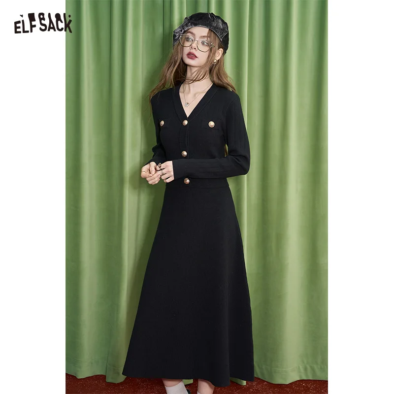 

ELFSACK 2024 Winter New Arrivals French black knitted dress for women Hepburn style waisted elegant bottoming skirt