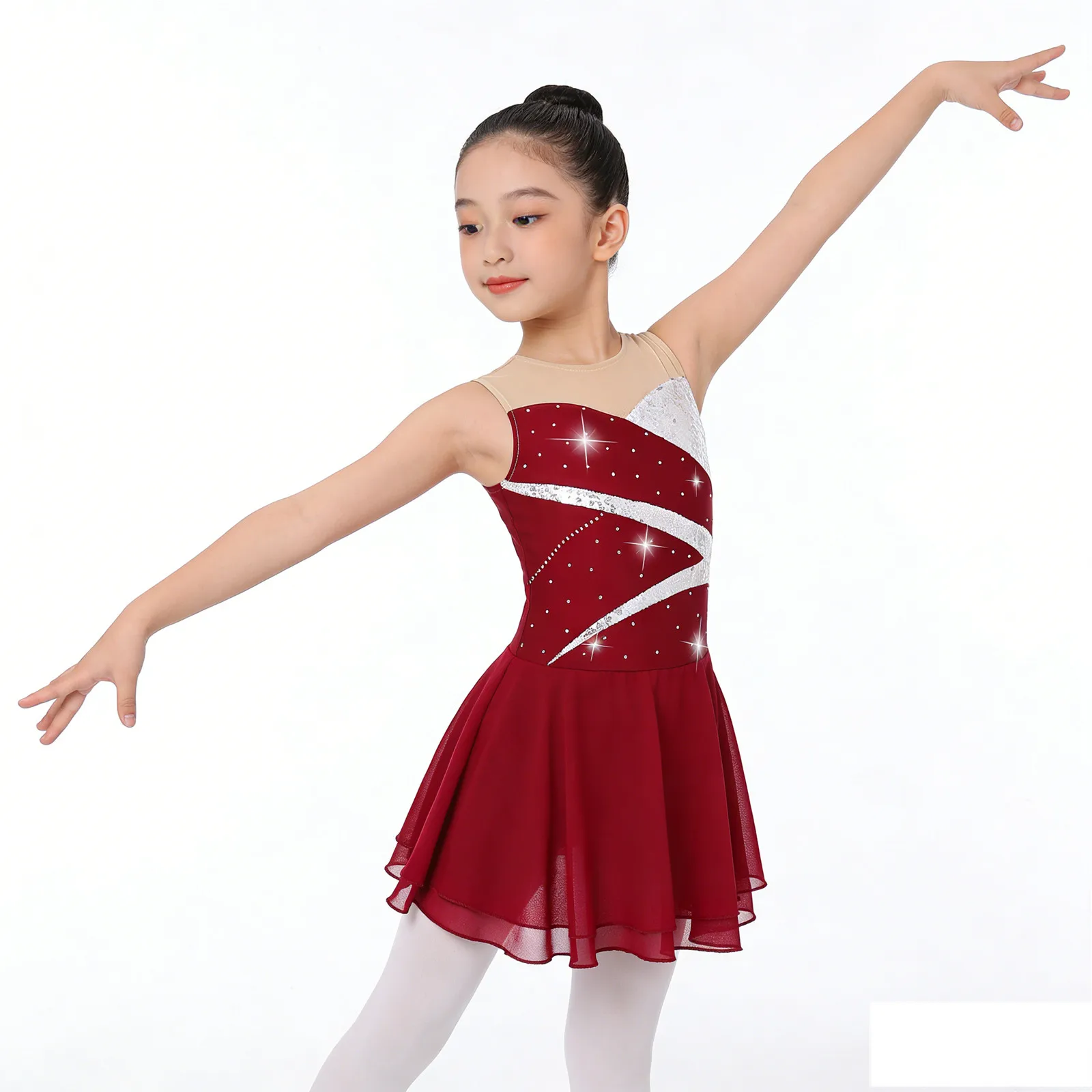 Kids Girls Shiny Sequins Rhinestone Ballet Jersey Dress Gymnastics Leotard Tutu Costume Artistic Figure Skating Dance Dresses