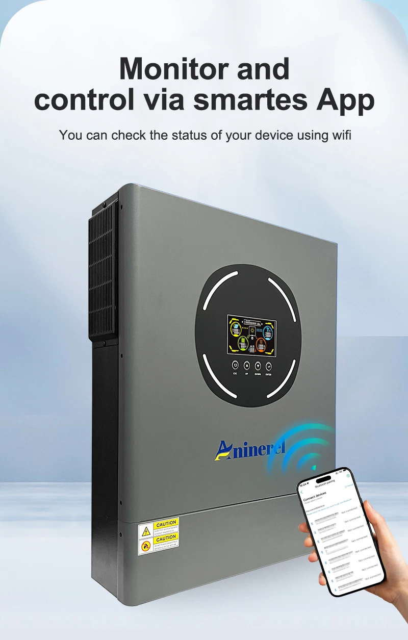 Aninerel 2 kW 4,2 kW 6,2 kW 11 kW 12 V 24 V 48 V Hybrid-Solar-Wechselrichter Dual-Ausgang Farb-LCD-Display MPPT 60 A 100 A 120 A PV 160 V – 500 VDC – Detail 35