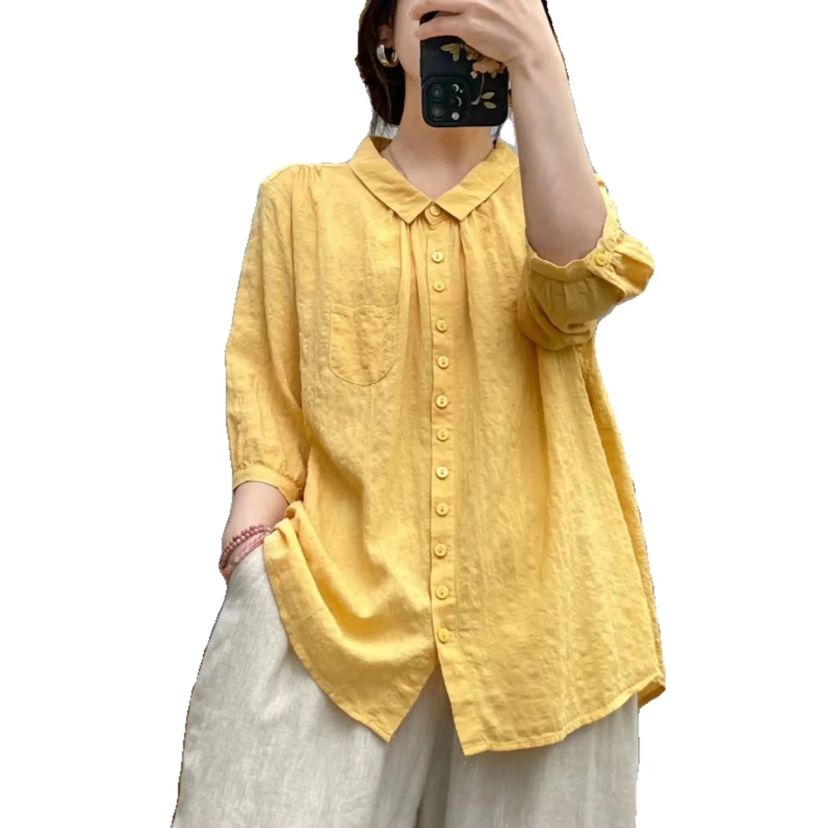 Artistic Light Cool Cotton Shirt Women's Loose A-Line Seven-Sleeve Turn-down Collar Shirt Thin Fabric Comfortable Summer Top