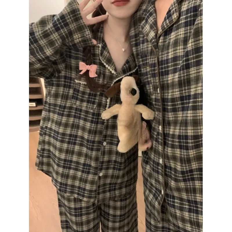 Plaid Couple Pajamas Autumn and Winter 2024 New Retro Brushed Pure Cotton One Man One Women Homewear Set Outer Wear