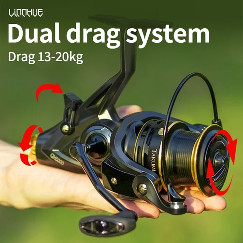 Carrete de Pesca de carpa LINNHUE, carrete giratorio QH3000-9000, doble arrastre fuerte, 20kg, carrete de Pesca de mar, carrete de repuesto gratis