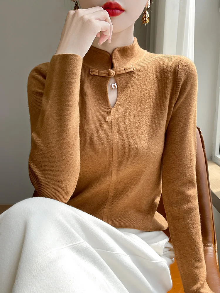 2024 New Autumn Winter Chinese style buttoned Cashmere sweater women Slim fit O-Neck Cashmere sweater women fashion pullover top