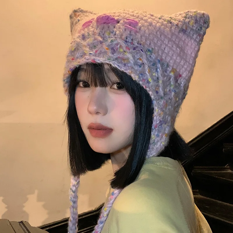 Yabi Sle Cute Pink Cat Hat Women Autumn and Winter Warm Woven Woolen Cap Make Your Face Look Smaller Earmuff Hat Fashion