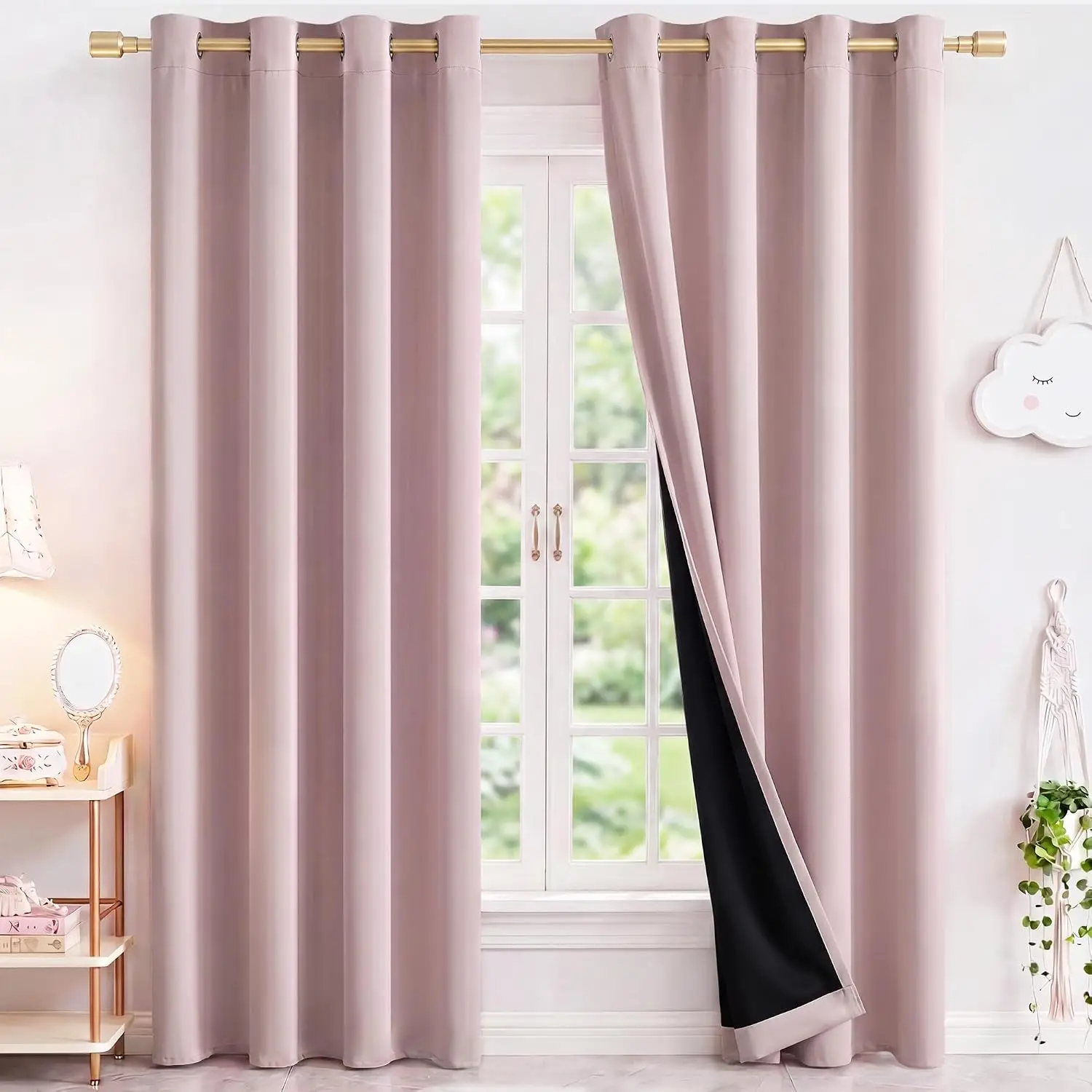 Blush-Pink 2-Panel 84-Inch  Blackout Curtains, 52 Inches Wide Each, Built-In Black Liner, Thermal-Insulated Heat-Blocking Drapes Suitable for Nurseries