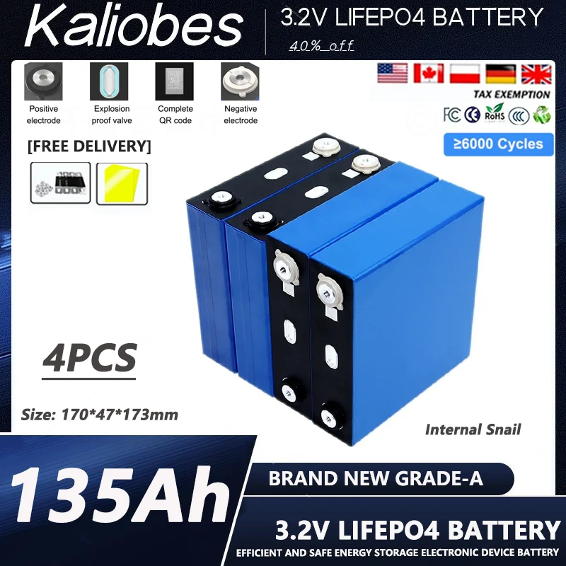 4PCS 3.2V 135Ah LiFePO4 battery Lithium iron phospha DIY 12V 24V Motorcycle Electric Car Solar Inverter Boat Batteries