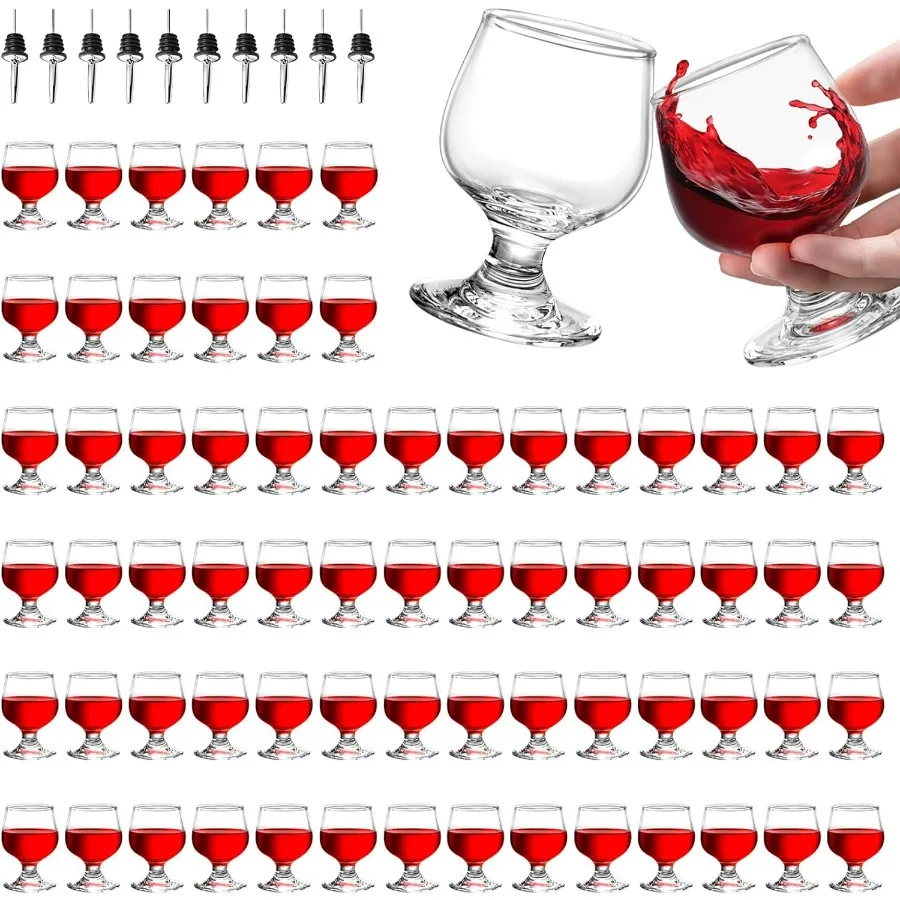 

1.75oz 50ml Mini Brandy Shot Glasses Bulk of 70 with 10 PourersCute And Clear Snifter Glass Set for Tasting Cognac Bourbon Wine