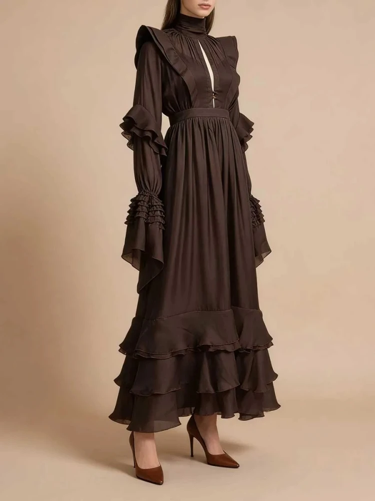 섹시한 하이 칼라 긴 소매 계단식 러플 컷아웃 롱 드레스 벨트 포함 여성용 브라운 나비 소매 A라인 드레스 이브닝 드레스