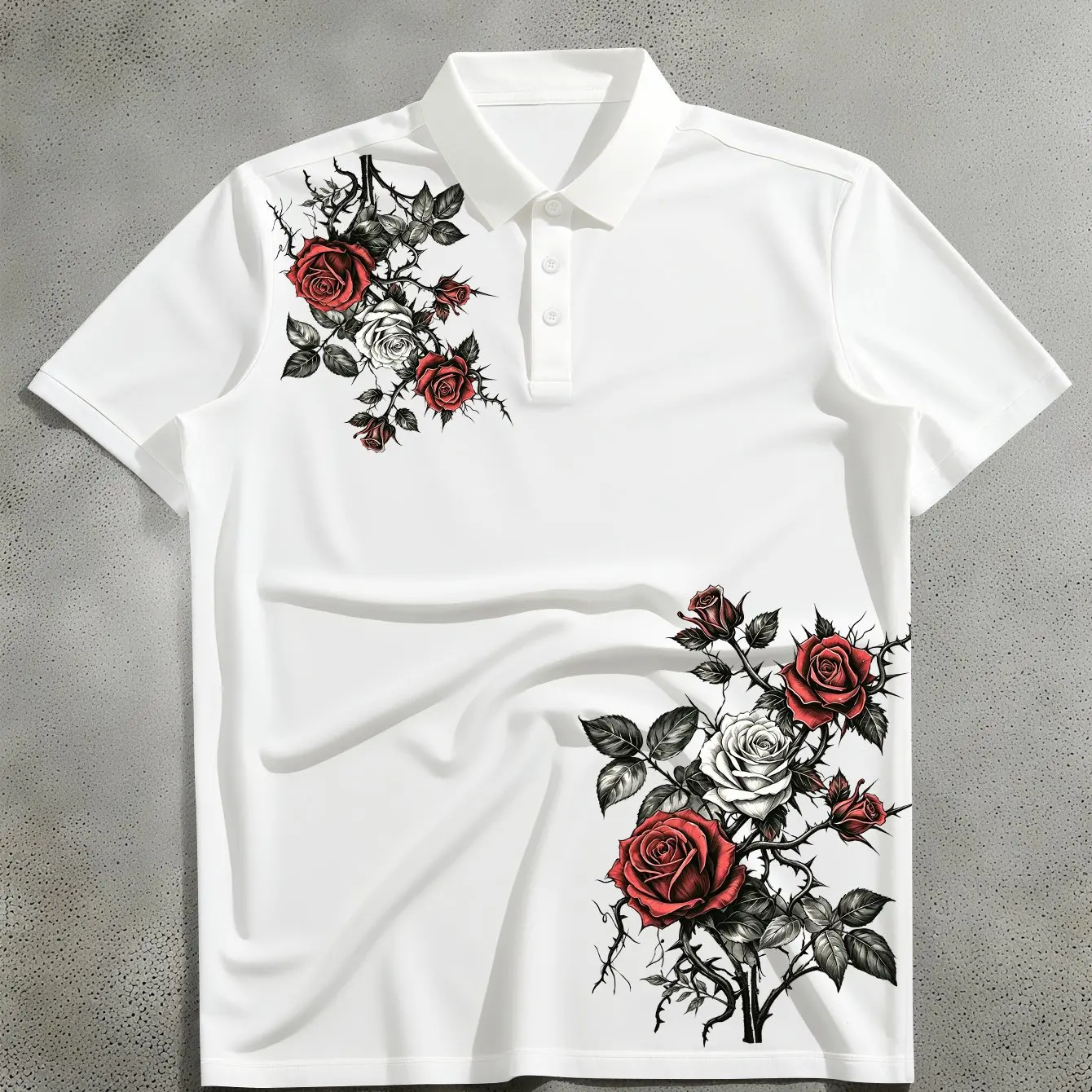 Fashionable Men's Short Sleeved Lapel Polo Rose Embellished with Black and White Contrasting Print Versatile Casual Top
