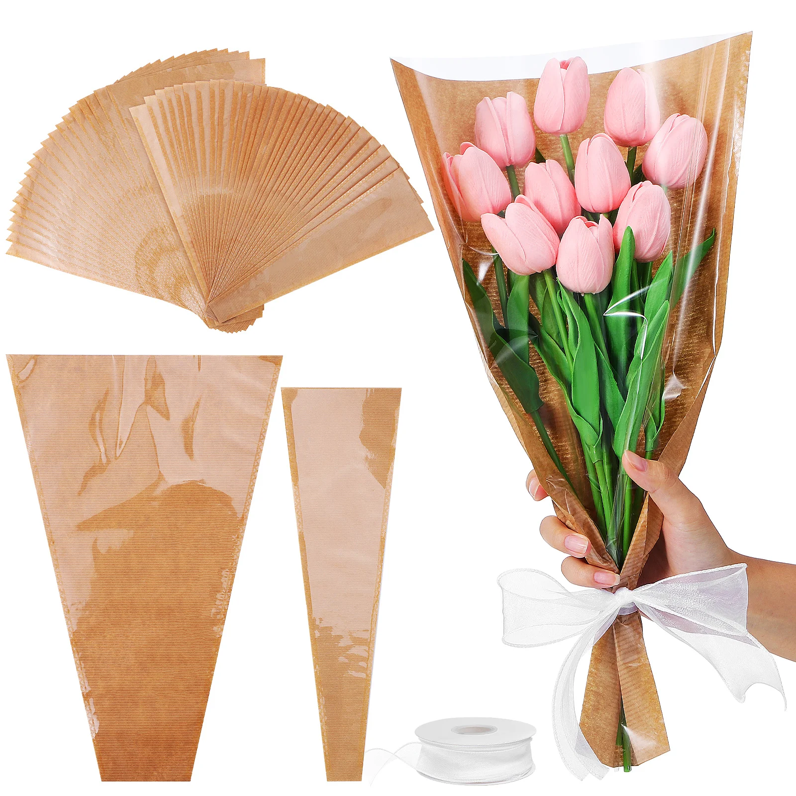 

Kraft Paper Transparent Ribbon Various Sizes Waterproof Decorative Paper for Bouquet Wrapping Packaging