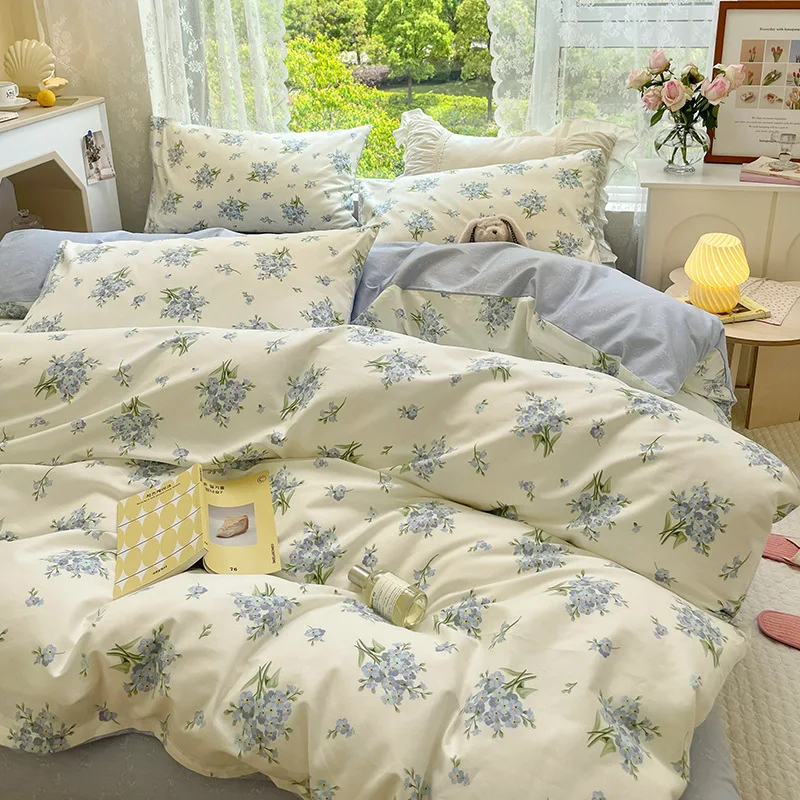 A-class Ins style small floral countryside 100 all cotton four piece set, pure cotton dormitory bed sheet and duvet set, three p