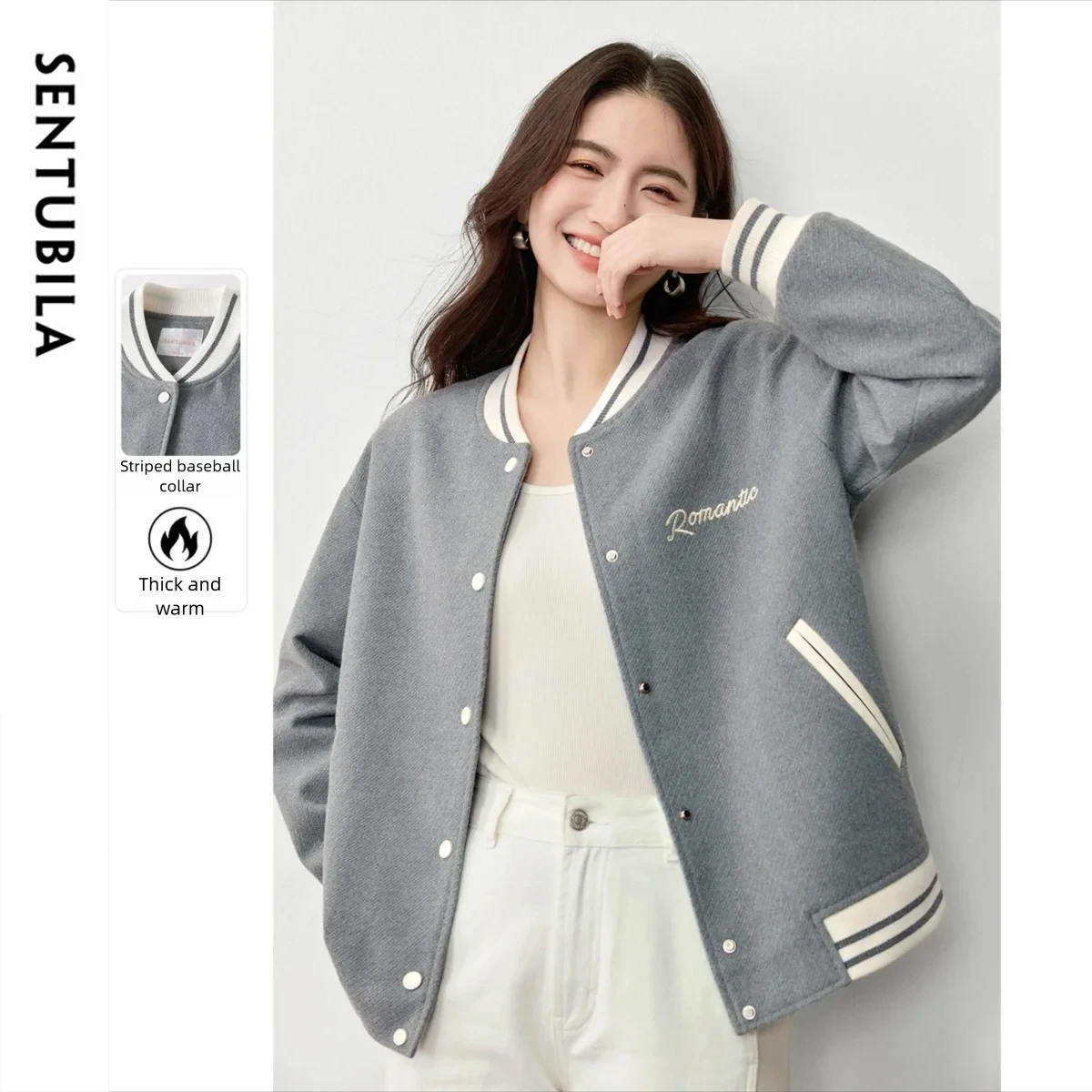 

SENTUBILA университетская куртка для женщин, осень 202, вышивка контрастных цветов, баскетбольная куртка с карманами в консервативном стиле 153WE2184