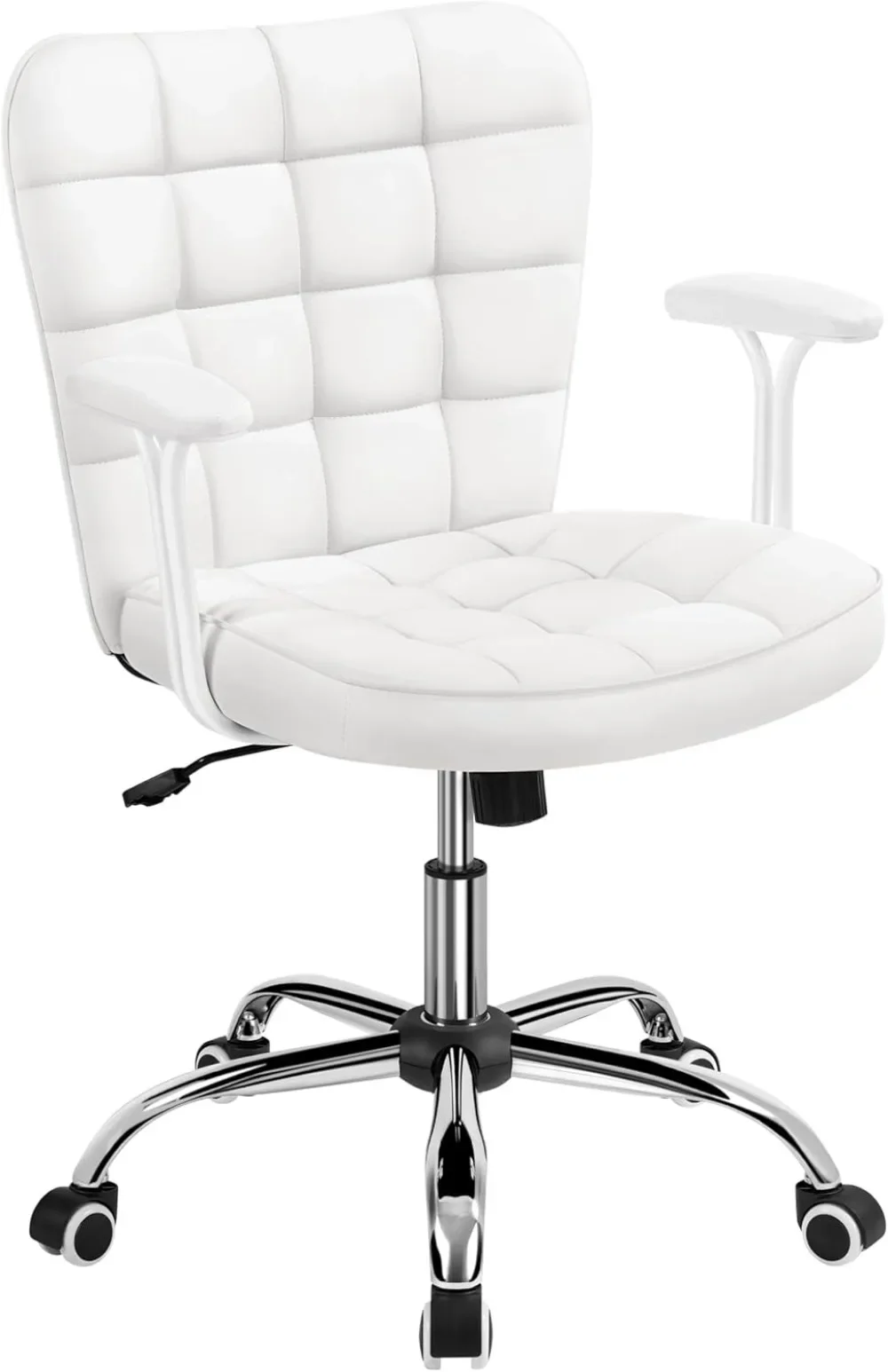 

Mid Back Faux Leather Office Chair Adjustable Tilting Vanity Chair Modern Upholstered DeskChair Task Chair with Detachable,White