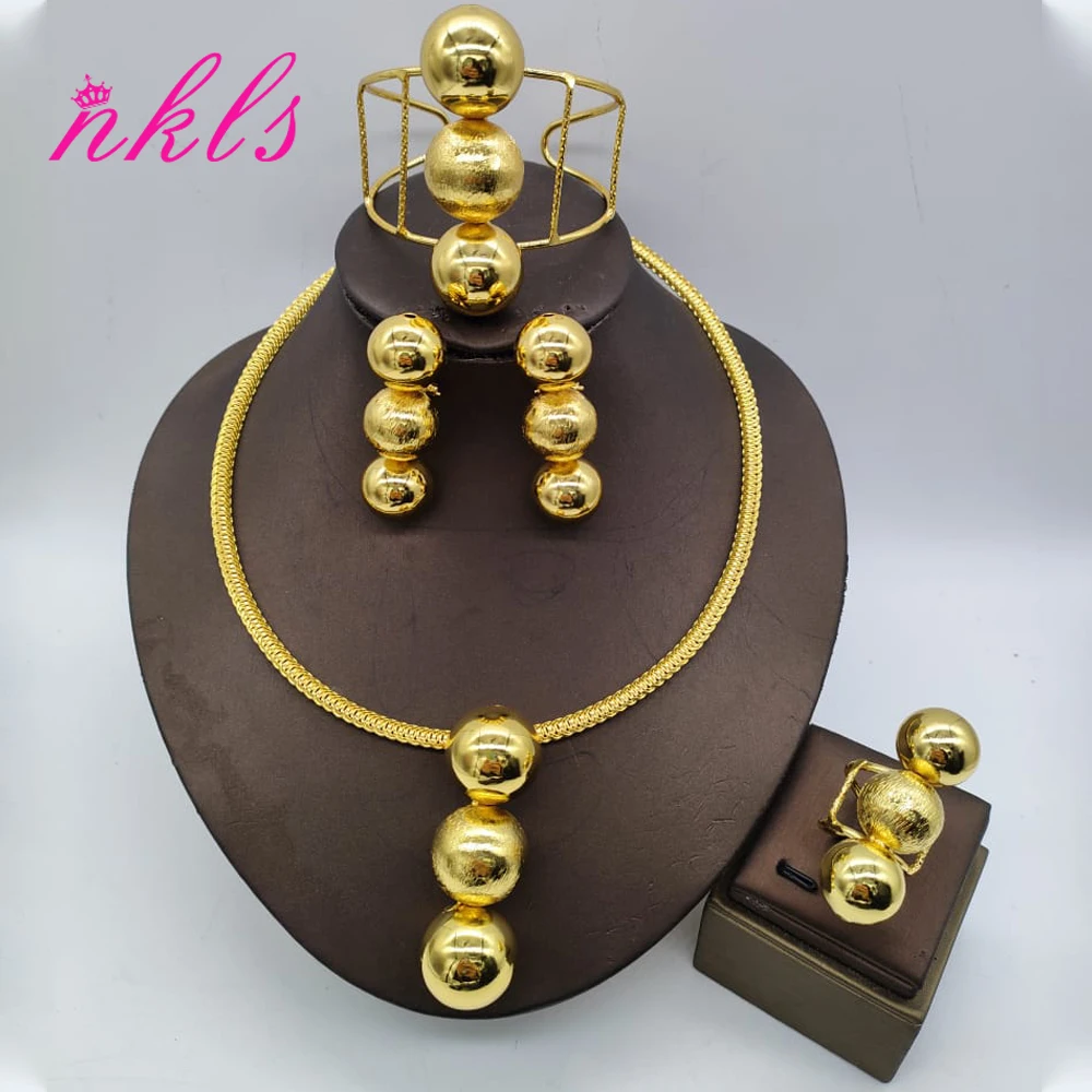 Fashion 18K Gold Plated Jewelry Set Women Round Beads Earrings Necklace France African Dubai Drop Earrings Bracelet Ring Jewelry