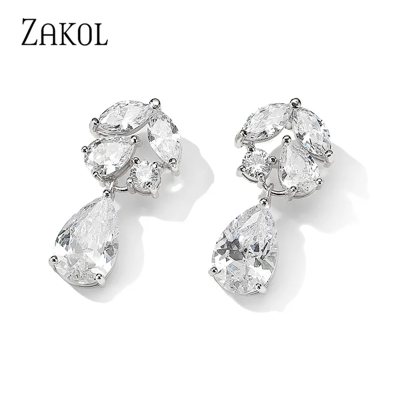 ZAKOL Fashion Water Drop Cubic Zircon Wedding Dangle Earrings Marquise Cut Crystal White Bride Ear Jewelry Gift