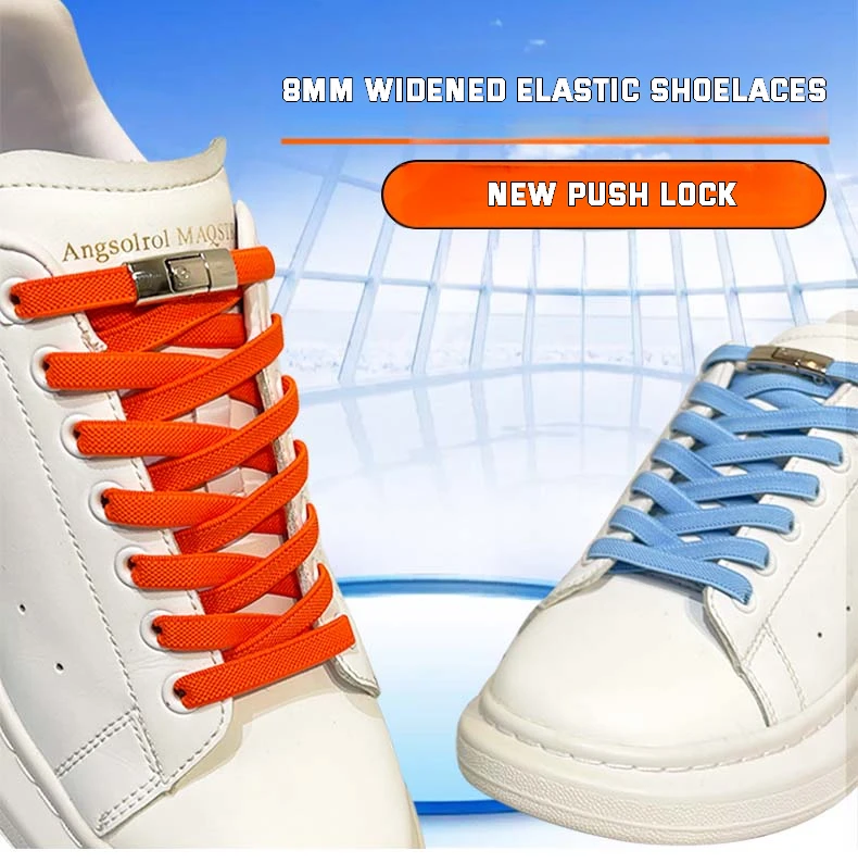 Flache, elastische Schnürsenkel ohne Binden für Sneaker, mit Druckknopfverschluss, Metallschalter, Logo-Schnürsenkel für Kinder und Erwachsene, schnell und einfach – Detail 2