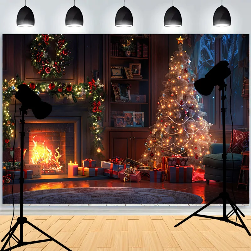 Soggiorno decorato con albero di natale fotografia fondali puntelli capodanno vacanza camino sfondo festa al coperto JS-08