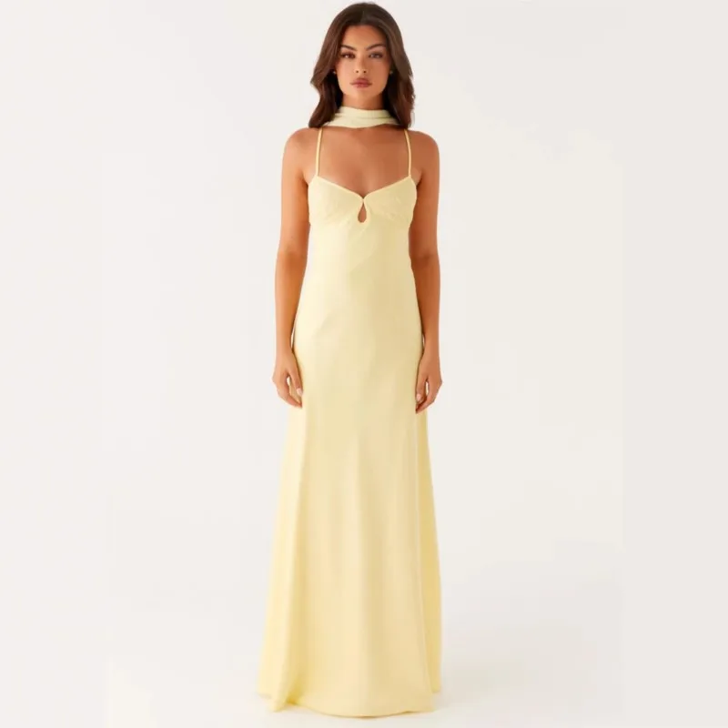 

Women New Solid Color Sexy Back Bandage Party Club Cami Dress Summer Fashion Sleeveless Spaghetti Strap Long Dresses With Scarf