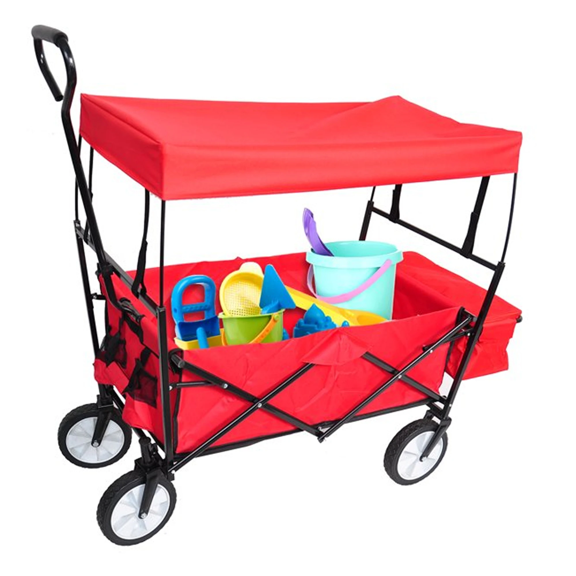 

Collapsible Wagon Folding Cart W/Canopy Beach Garden Outdoor Sport Utility Cart Wheels Adjustable Handle Rear Storage