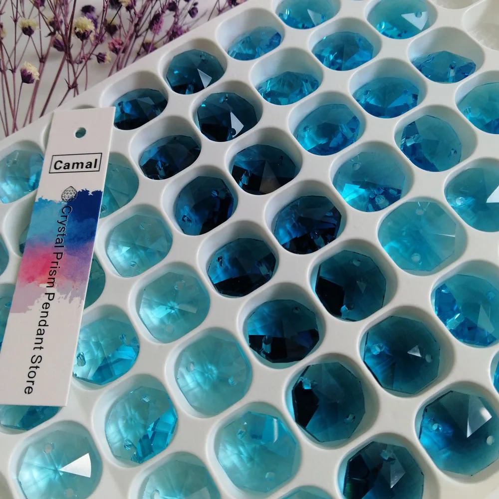 Camal 140Pcs Blue 14mm 2 Hole Faceted Crystal Octagon Beads, Loose Glass Prism Beads for DIY Suncatcher, Wind Spinner, Bead Curt