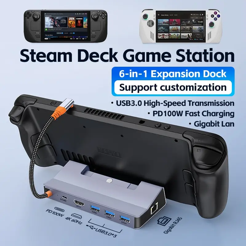 Estação de ancoragem Steam Deck com ventilador, 6 em 1, HDMI 2.0, 4K @ 60Hz, Ethernet Gigabit, carregamento a toda a velocidade, USB-C, USB 3.0