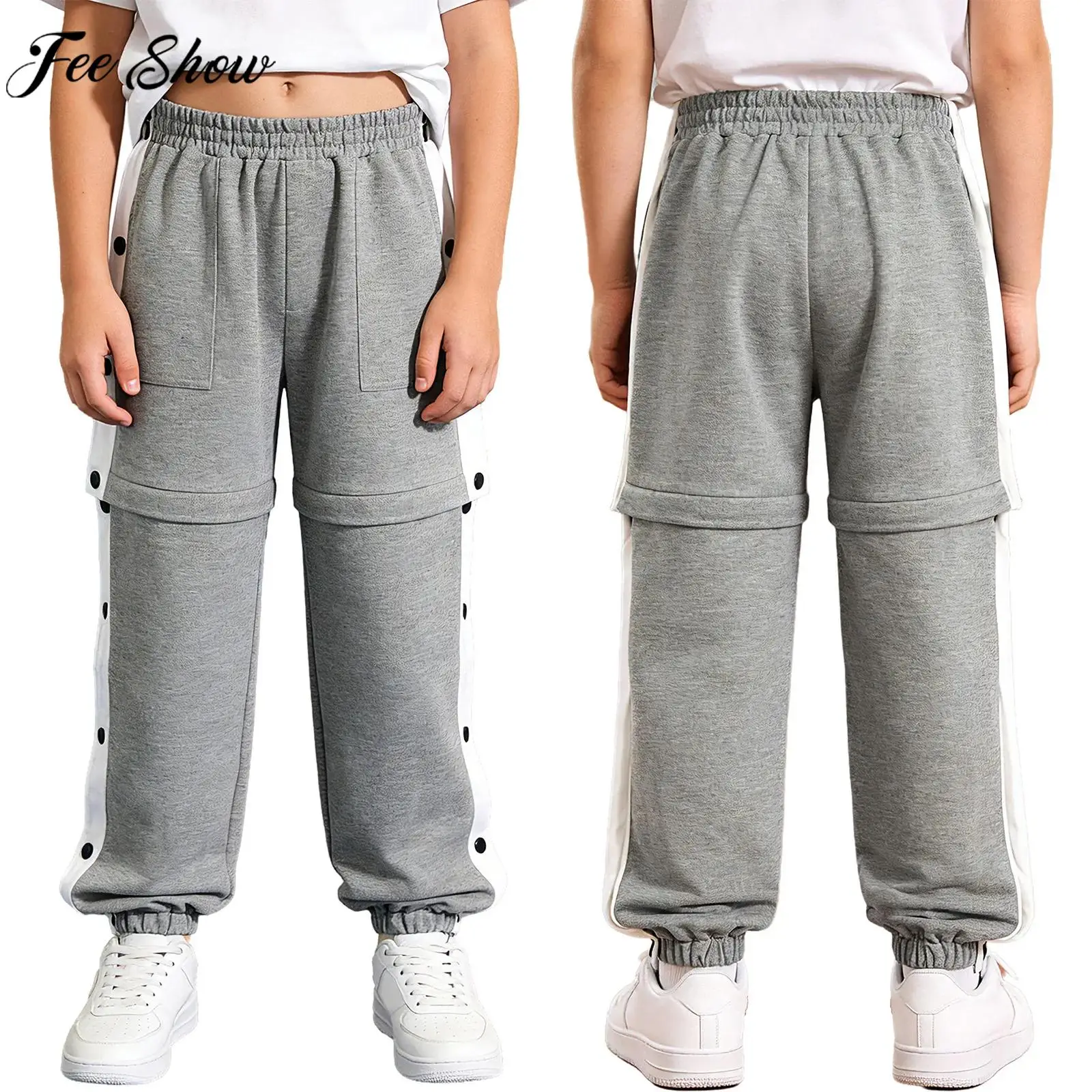 Children Boys Side Fully Open Button Zip-off Casual Sports Pants Basketball Football Training Sweatpants Fitness Workout Trouser