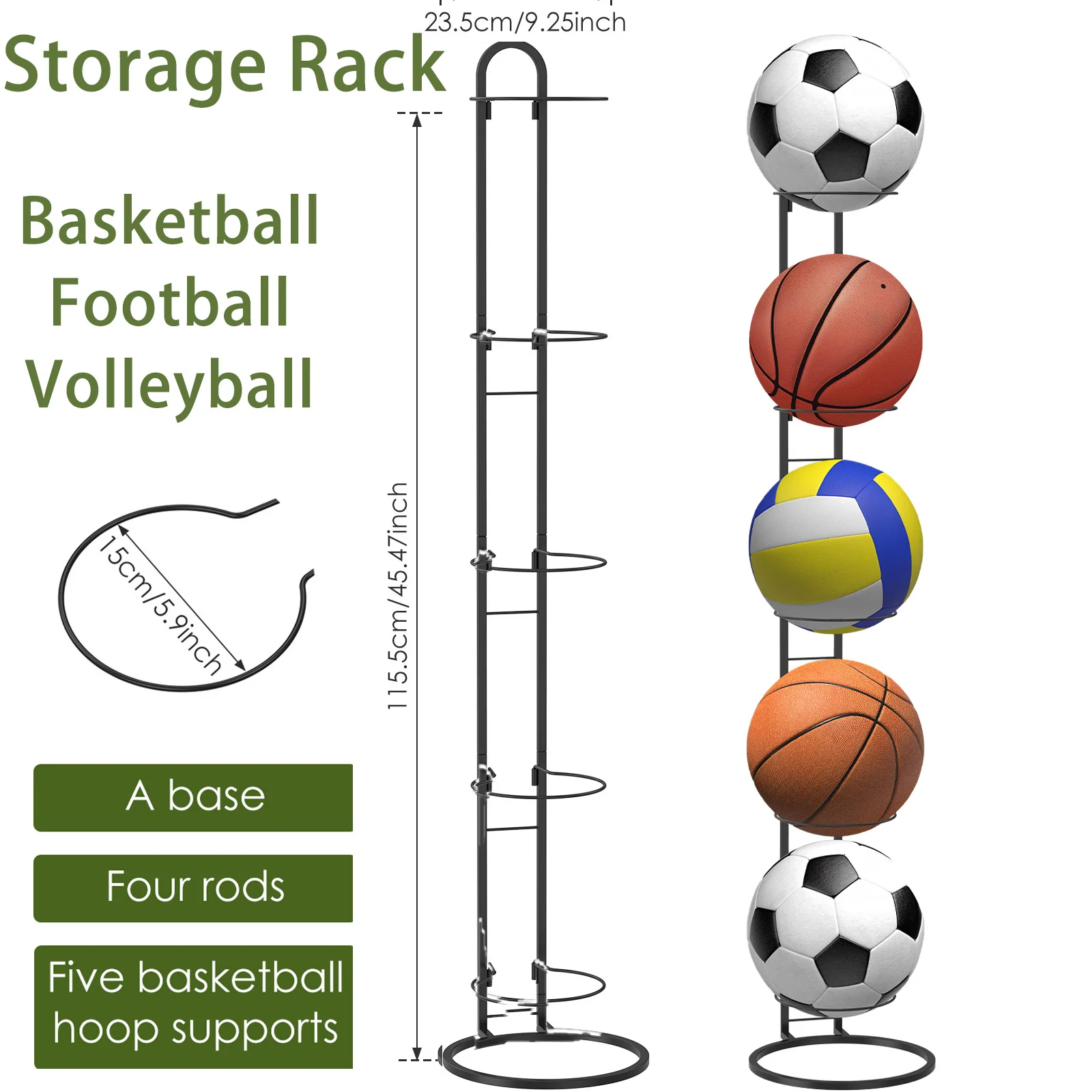 Rack de armazenamento de bola de ferro de 5 camadas vertical removível casa indoor crianças basquete futebol vôlei suporte economizando espaço