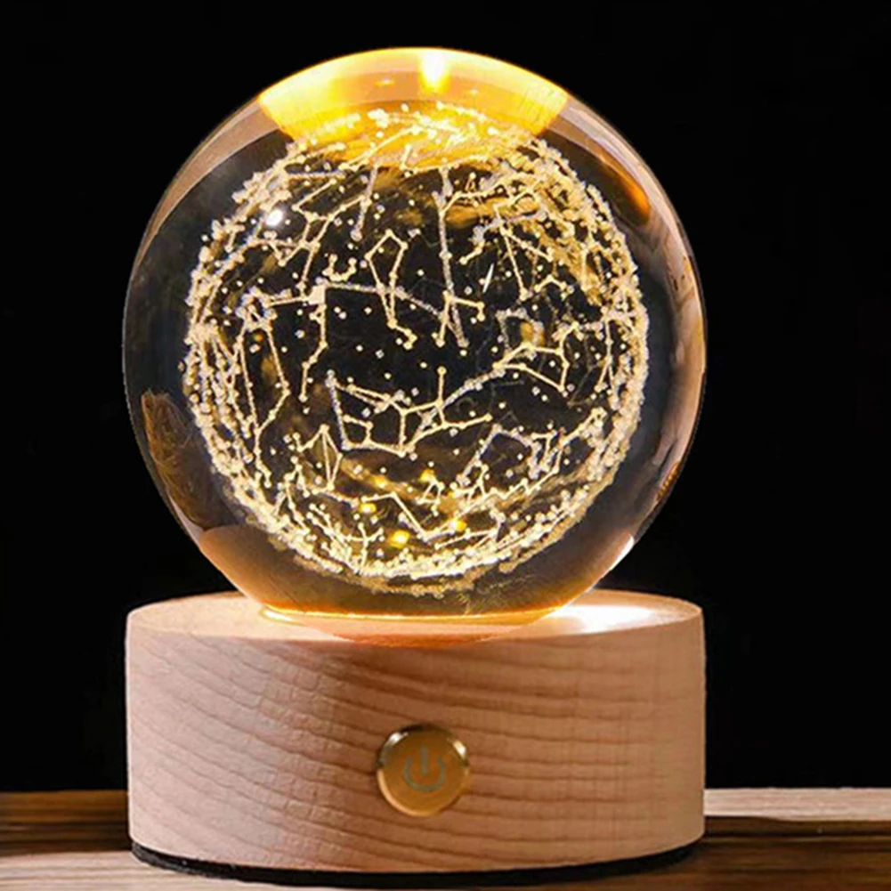 LED Crystal Ball Table Lamp Night Light 3D Moon Planet Galaxy Home Decor USB Charging For Kids Children Adults Birthday Gifts