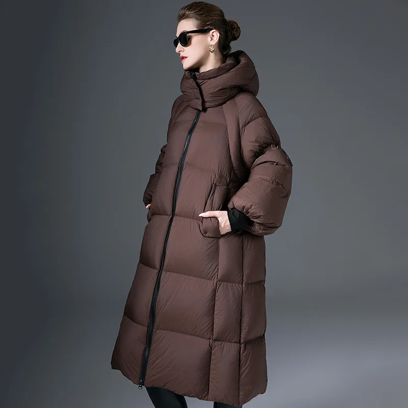 Luxury High Quality Winter Down Jacket Women A-line White Duck Down Puffer Jacket Thicken Long Coat Hooded Windproof Trench Coat