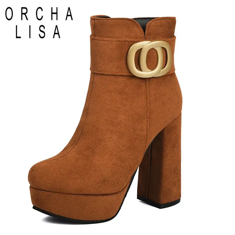 

ORCHA LISA 2025 Sexy Women Ankle Boots Round Toe Chunky Heels 11.5cm Platform Zipper Metal Decoration Big Size 45 46 Party Bota