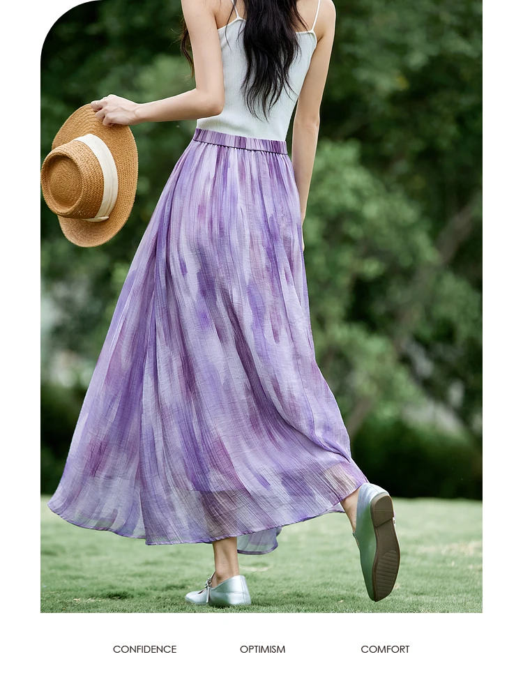 VIMLY Romantic Purple Midi Skirt Woman 2025 Summer Lyocell Elastic Waist Flowy A Line Vacation Skirt Ladies Clothing A1823