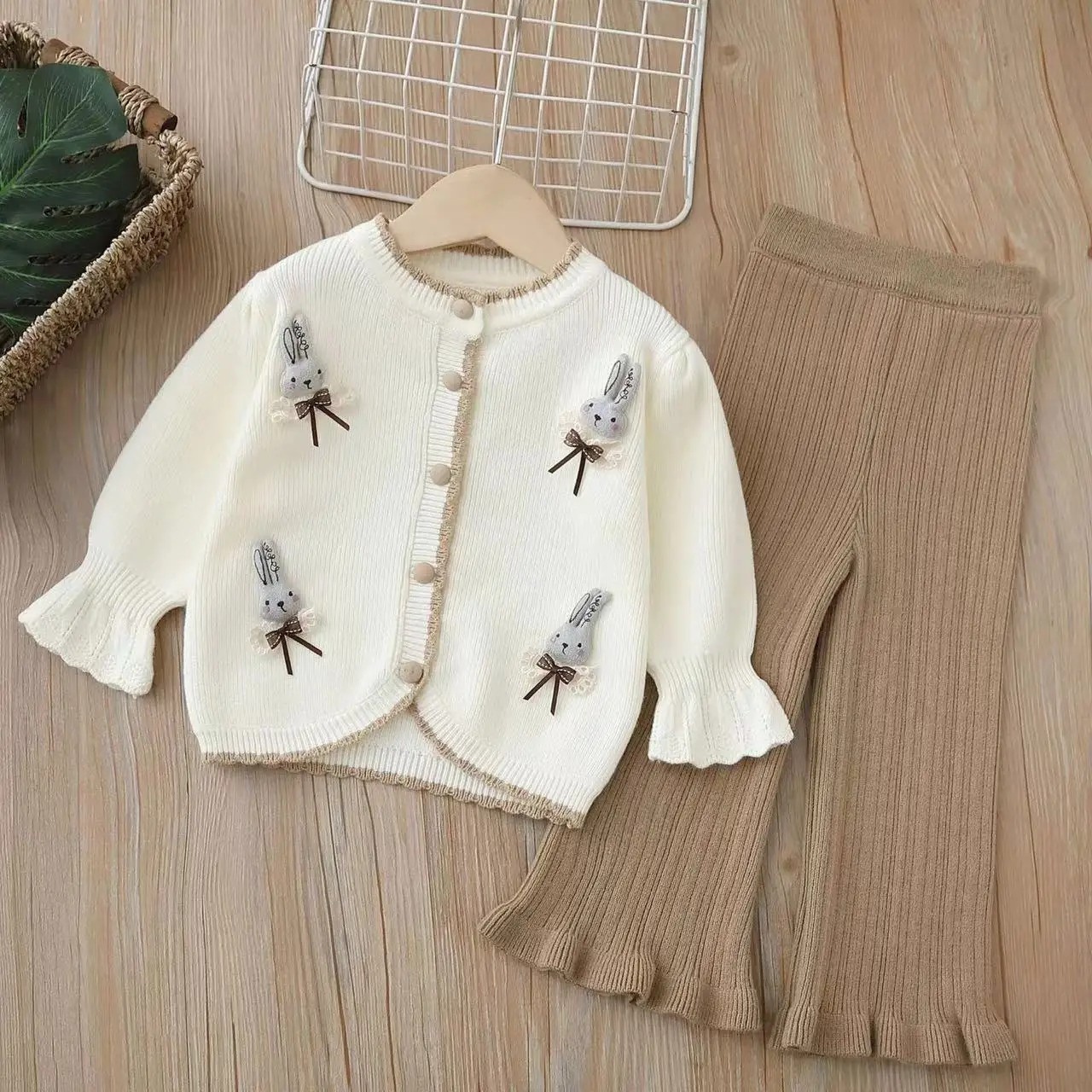 Kids Woolen Jersey Girls Clothes Sets Spring Autumn 2024 Children Knitted Coats Sweaters Flared Trousers 2pcs Party Suit Kids 6Y