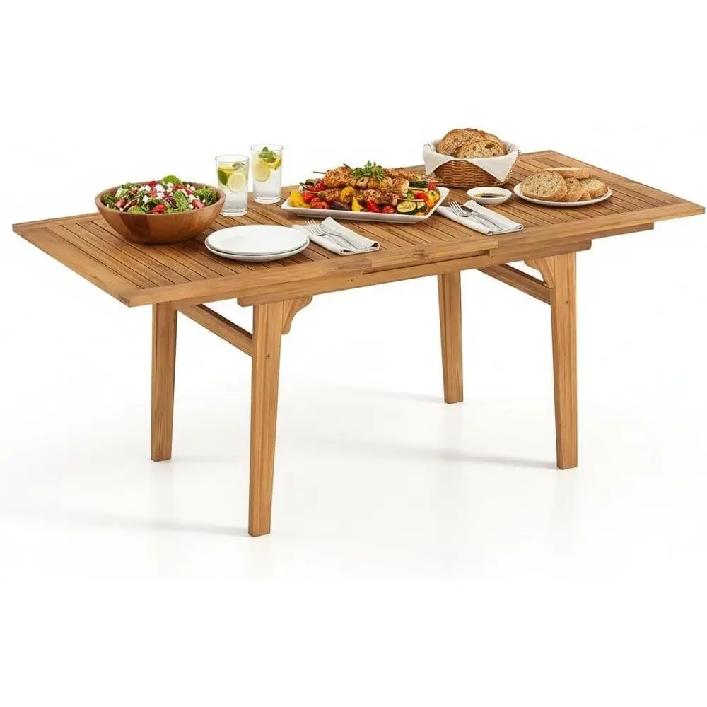 

Expandable Acacia Wood Patio Dining Table for 6-8, Large Outdoor Slatted Table for Garden, Lawn, and Poolside Dining