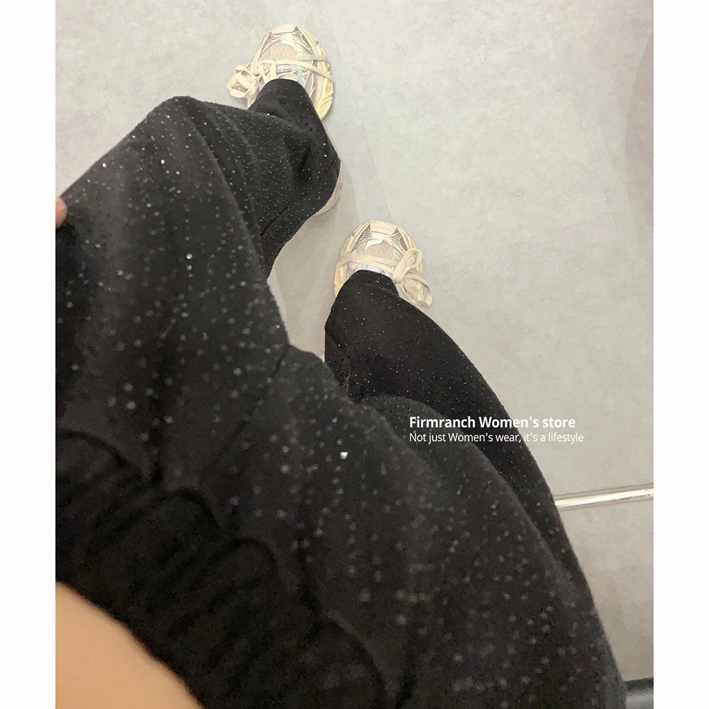 Firmranch 2024 Full Rhinestone Black Sport Pants For Women Elasitc Waist Casual Loose Trouser All Season Female Clothes