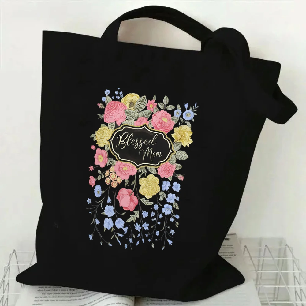 Bolsa de Mano Blessed Mom, Bolsa de Lona con Ramo Floral Colorido y Marco Dorado, Elegante Bolsa de Compras Reutilizable