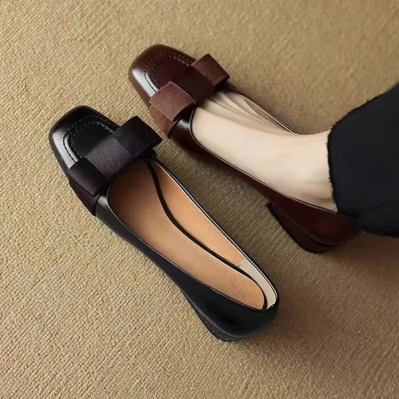 Female Special Offer Soft Leather Square Head High Heels Shoes Loafers Women's 2026 New Knot Thick Heel Versatile Single Pumps