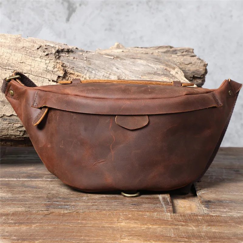 Vintage Natural Crazy Horse Cowhide Men's Chest Bag Outdoor Sports Organizer Genuine Leather Crossbody Bag Fashion Shoulder Bag