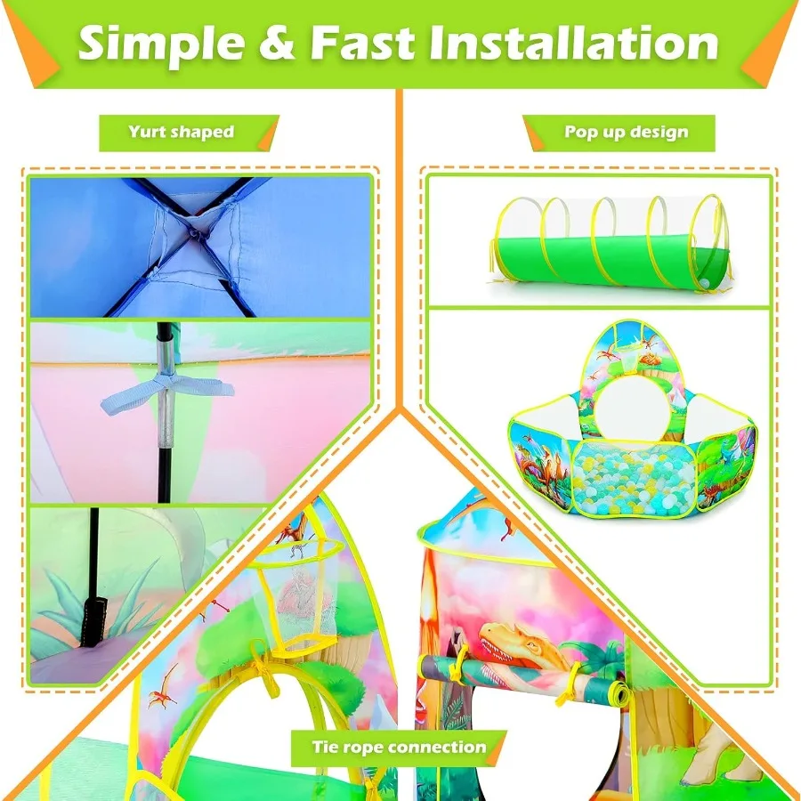 3-teiliges Dinosaurier-Zelt für Mädchen mit Bällebad-Spielzelten und Krabbel-Tunnel für Kleinkinder, rosa Pop-Up-Spielhaus-Spielzeug für Babys und Indooran