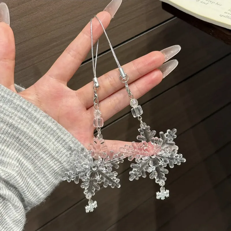 Kawaii transparenter Schneeflocken-Weihnachtsbaum-Schlüsselanhänger mit Blättern, Windspiel-Anhänger, Handy-Lanyard, Tasche, dekoratives Accessoire