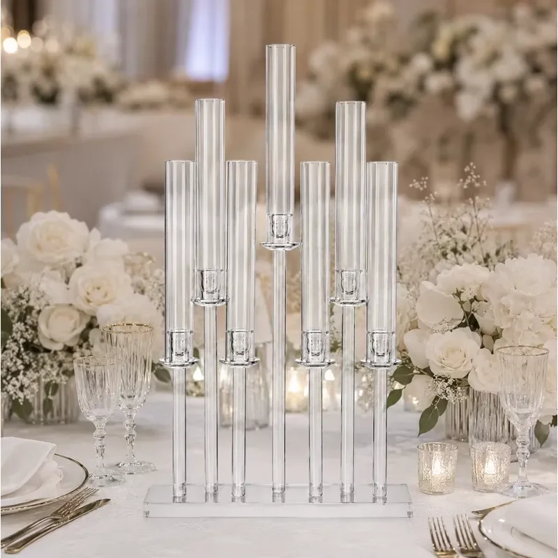 Luxury 7 Arm Crystal Glass Candlestick Holder Elegant Wedding Centerpiece Table Decoration for Banquet Party Home Ornament